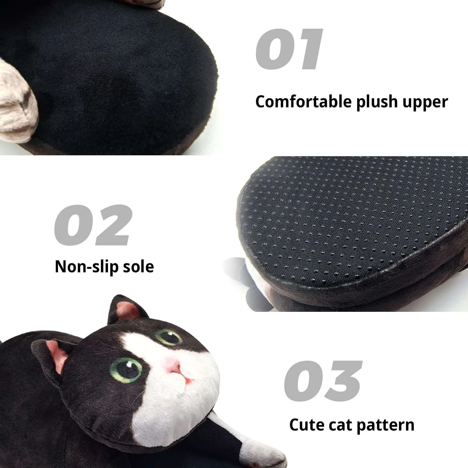 Adult black and white cat slippers