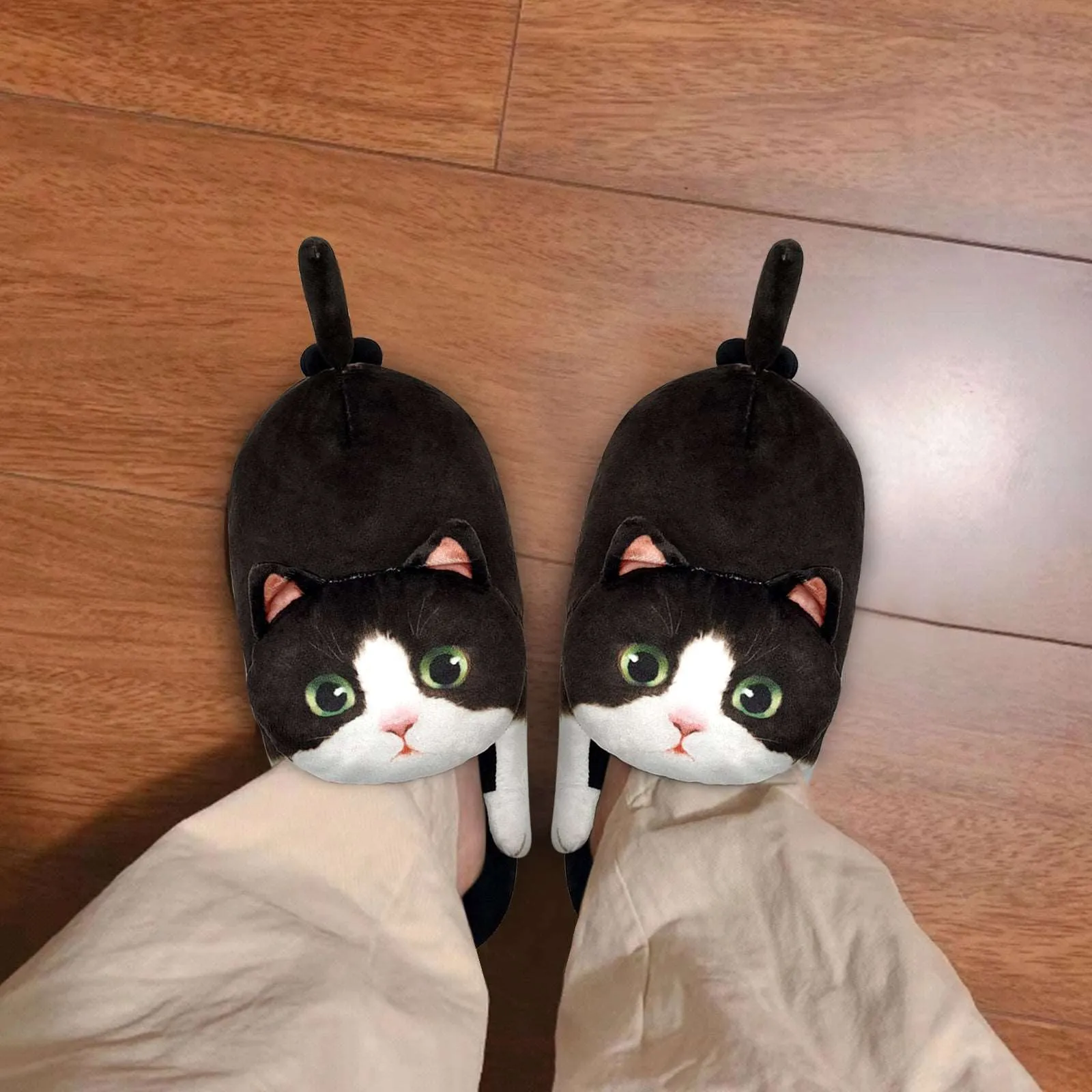 Adult black and white cat slippers