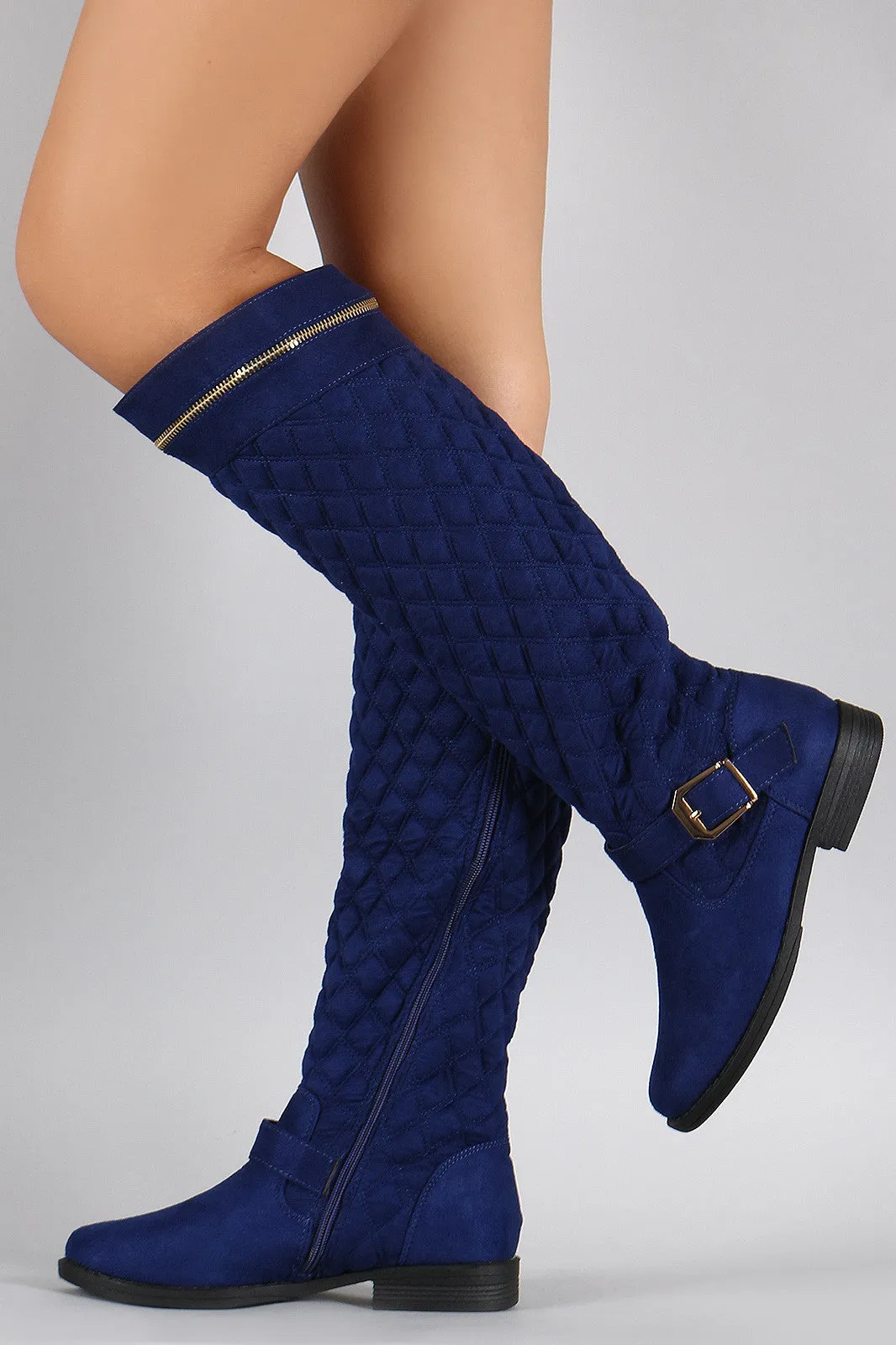 Bamboo Quilted Suede Zipper Trim Riding Knee High Boots