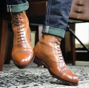 Bespoke Brown Leather Cap Toe Ankle High Lace Up Boots