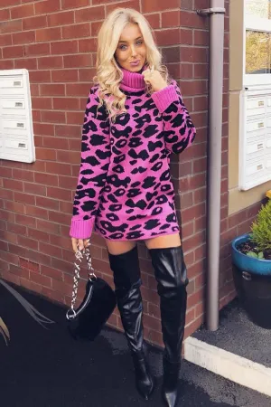 Fuchsia Leopard Roll Neck Jumper - Deona