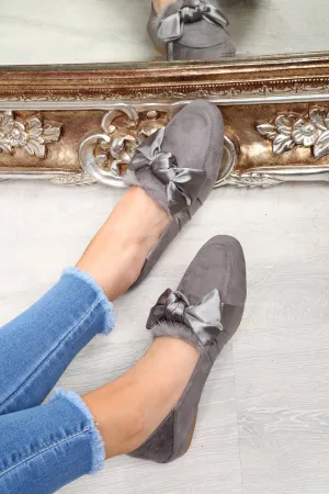 Grey Faux Suede Bow Front Loafers - Geena