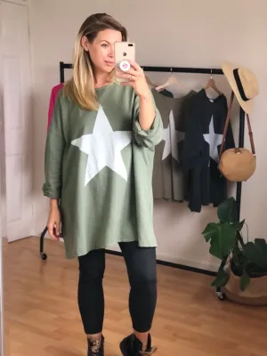 Khaki Star Print Oversized Top