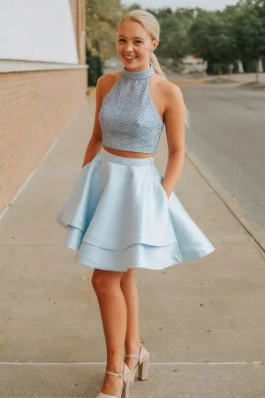 Light Blue Two Piece Mini Homecoming Dresses with Pocket Halter Beaded PD171