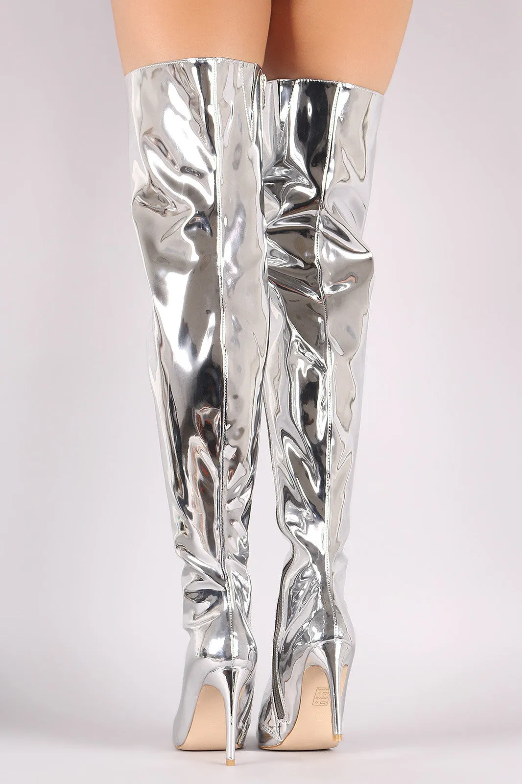 Mirror Metallic Pointy Toe Stiletto Over-The-Knee Boots