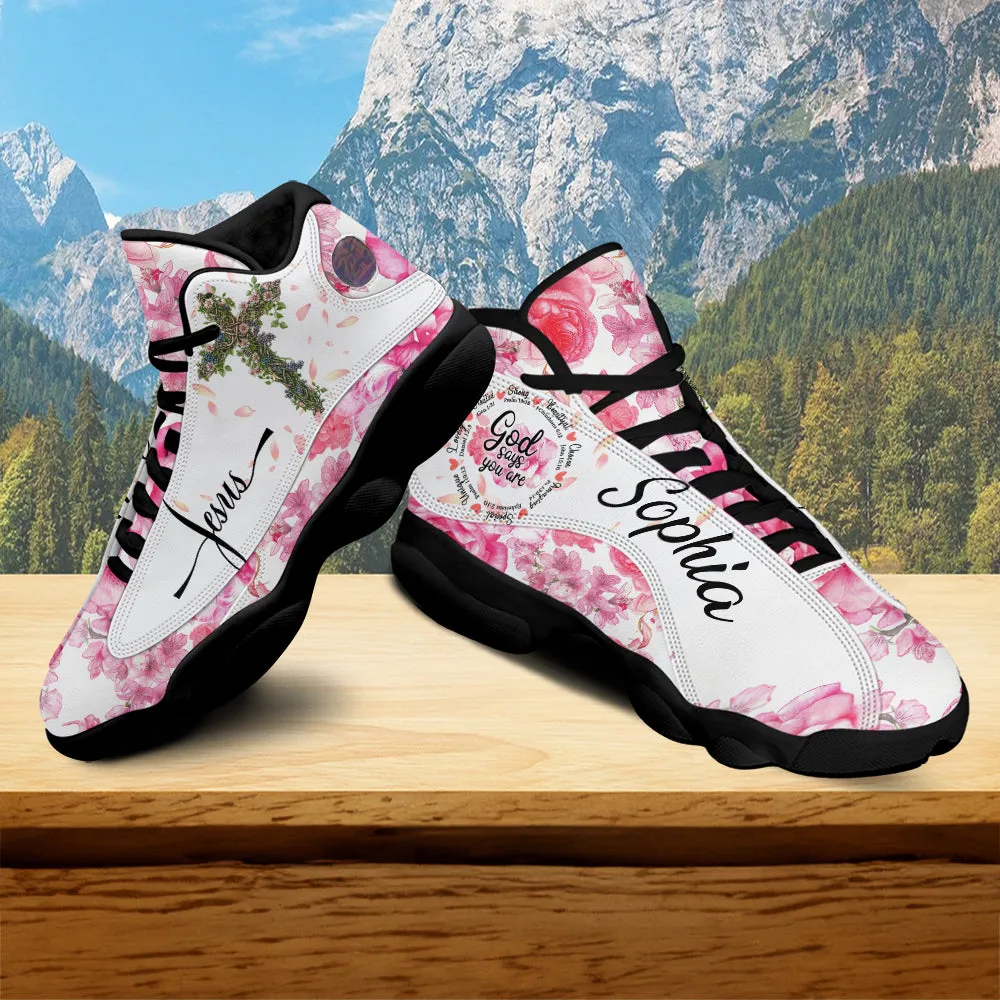 Teesdily | Customized God Says You Are Basketball Shoes, Jesus Cross Rose Running Shoes, Christ Flowers Sports Shoes For Women