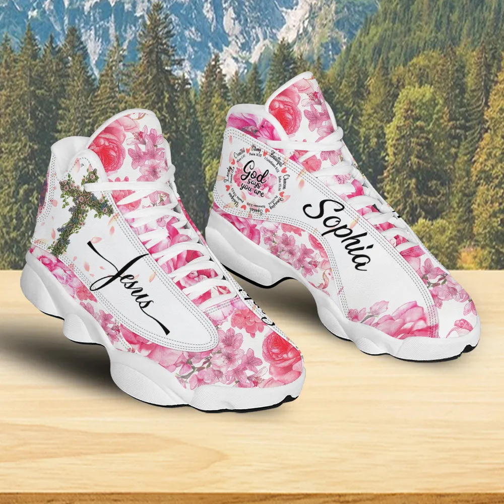 Teesdily | Customized God Says You Are Basketball Shoes, Jesus Cross Rose Running Shoes, Christ Flowers Sports Shoes For Women