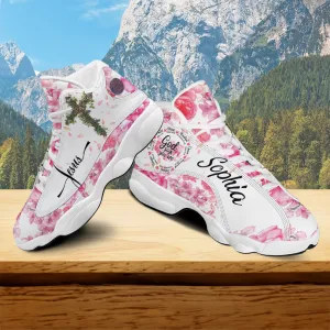 Teesdily | Customized God Says You Are Basketball Shoes, Jesus Cross Rose Running Shoes, Christ Flowers Sports Shoes For Women